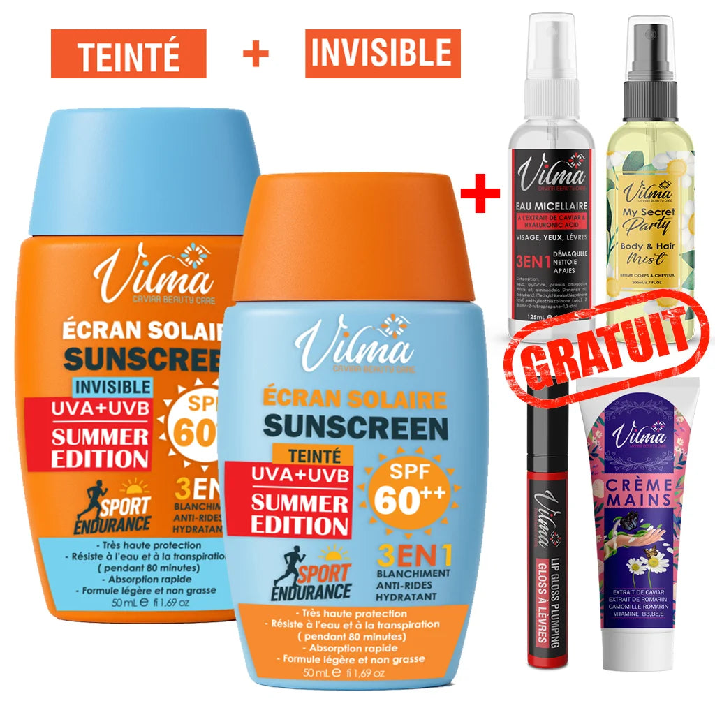 2 Ecran Solaire Invisible et Teinté Beige – SPF 60++GLOSS +  creme a main + eau micellaire cadeaux  + MINI BRUME cadeaux