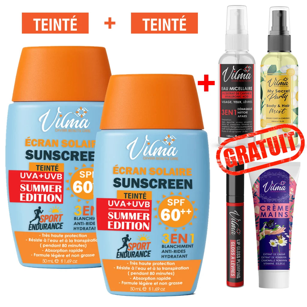 2 Ecran Solaire Teinté Beige – SPF 60++GLOSS +  creme a main + eau micellaire cadeaux  + MINI BRUME cadeaux