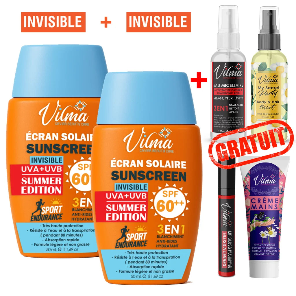 2 Ecran Solaire Invisible – SPF 60++GLOSS +  creme a main + eau micellaire cadeaux  + MINI BRUME cadeaux